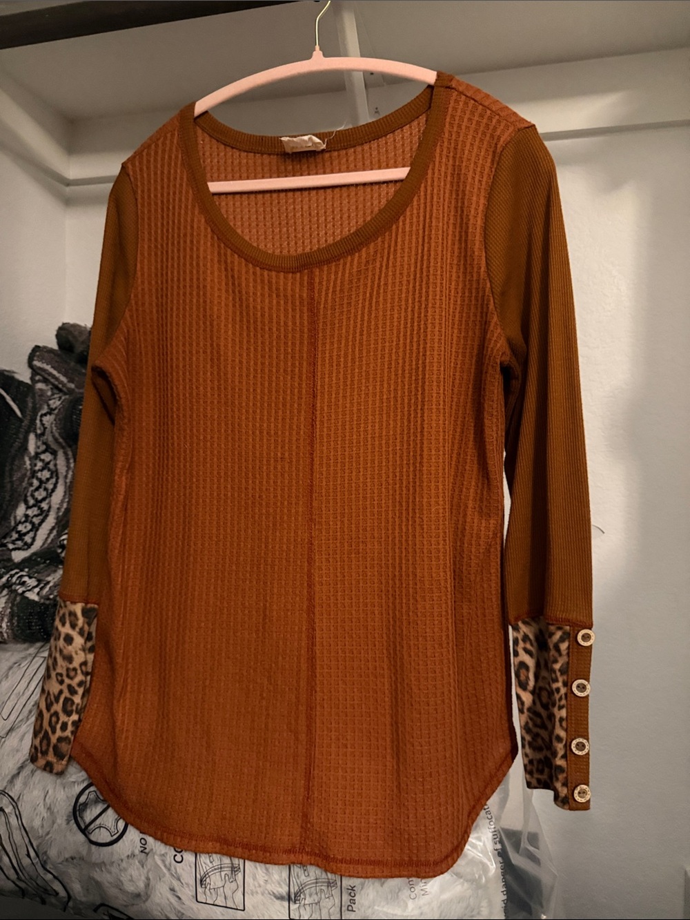 BiBi Rust Brown Long Sleeve Top with Leopard Cuff and Button Trim